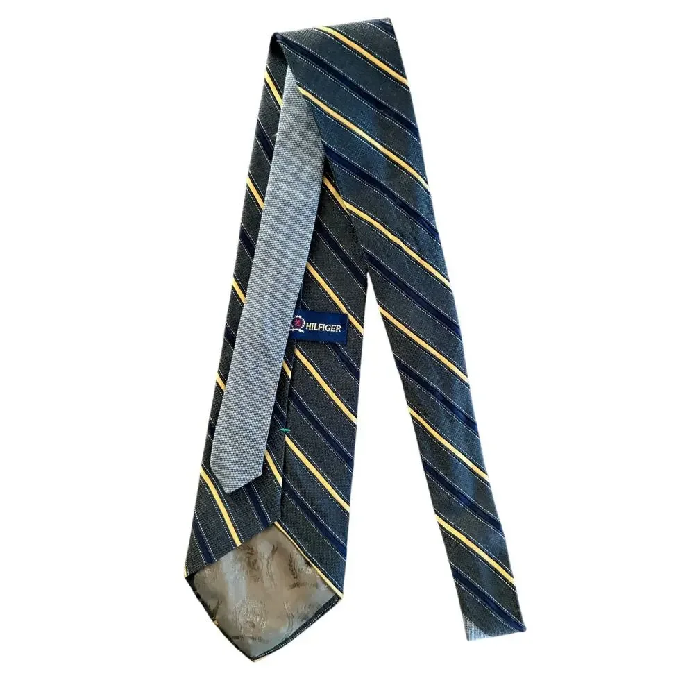 Vintage Tommy Hilfiger Blue Yellow and Gray Striped Silk Tie